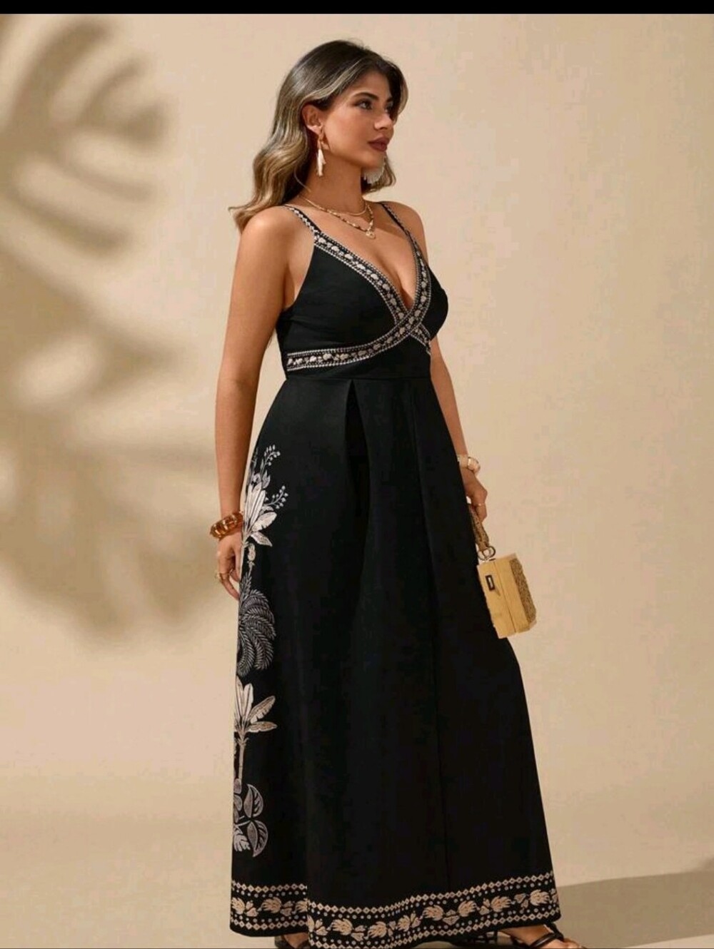 Embroidered Black V-Neck Maxi Dress - Picture 4 of 10